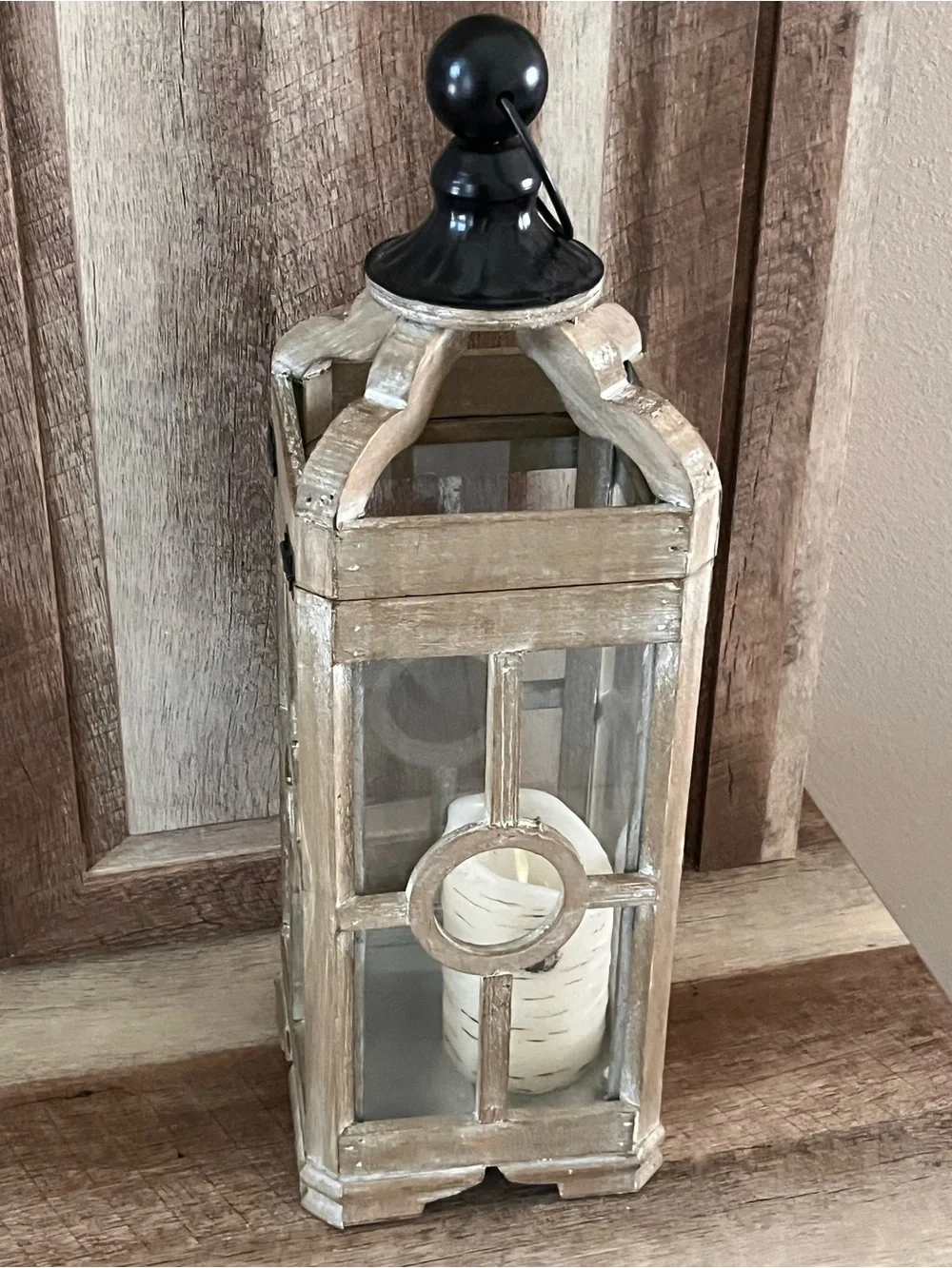Rustic Wood and Glass Lantern with Black Metal Top - Natural